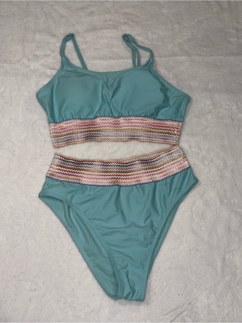 Women’s Turquoise Two-Piece Style Swimsuit with Multicolor Waistband